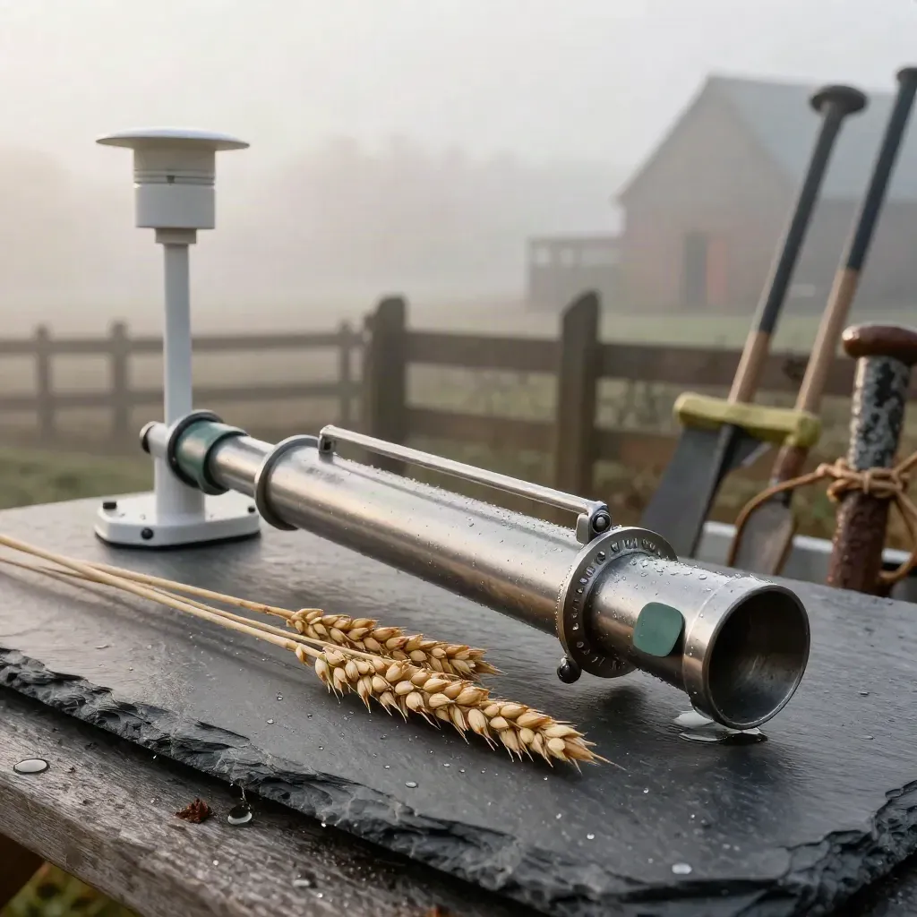 Misty agritech hero still life with soil sampler, grain heads, sensor cups and boundary pegs on slate.