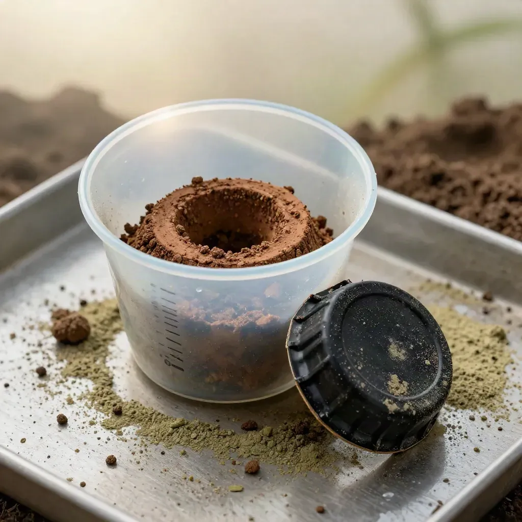 Top-down farm still life with rain gauge cup, soil core ring, and fuel cap