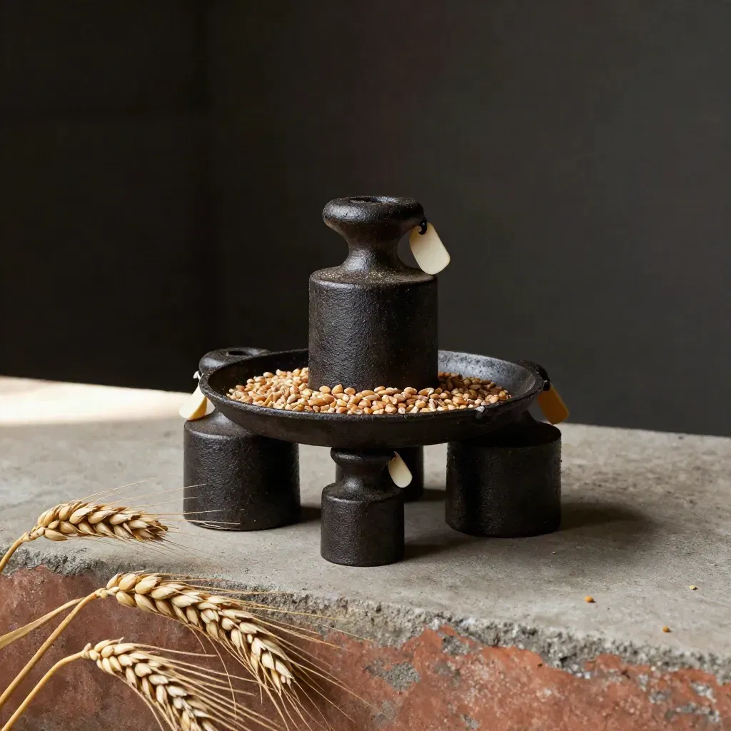 Cast-iron weights, ear tags and a grain pan in a dim barn close-up