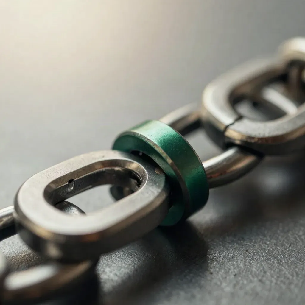 Machined aluminium rings and spring clips linked on graphite metal with a deep green accent.